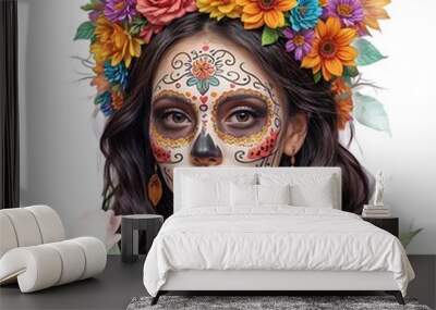 Día de los Muertos, Mexican holiday Day of the Dead and Halloween. Vector illustration of a woman with sugar skull makeup - Calavera Catrina, cat, flowers and mexican objects for poster or background Wall mural