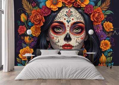 Día de los Muertos, Mexican holiday Day of the Dead and Halloween. Vector illustration of a woman with sugar skull makeup - Calavera Catrina, cat, flowers and mexican objects for poster or background Wall mural