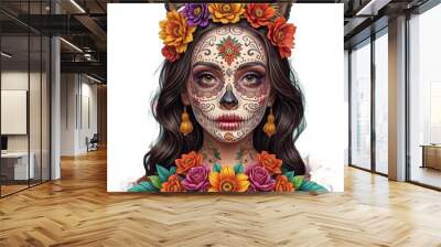 Día de los Muertos, Mexican holiday Day of the Dead and Halloween. Vector illustration of a woman with sugar skull makeup - Calavera Catrina, cat, flowers and mexican objects for poster or background Wall mural