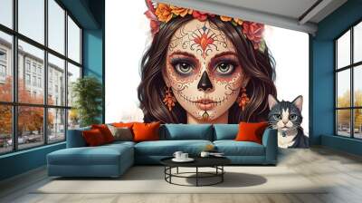 Día de los Muertos, Mexican holiday Day of the Dead and Halloween. Vector illustration of a woman with sugar skull makeup - Calavera Catrina, cat, flowers and mexican objects for poster or background Wall mural