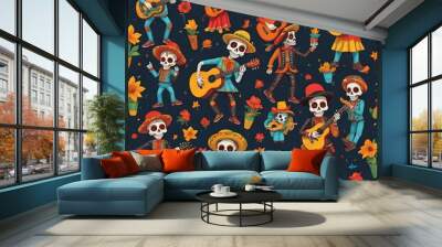 Sticker collection of traditional Day of The Dead symbols - skeletons dressed in folk Mexican costumes playing guitar, maracas or dancing, calaveras or skulls, cross and candles. Holiday vector illust Wall mural