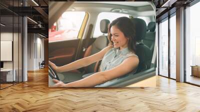 The young dark-haired woman examining car at the dealership and making his choice. Horizontal portrait of a young female model at the car. He is thinking if he should buy it Wall mural