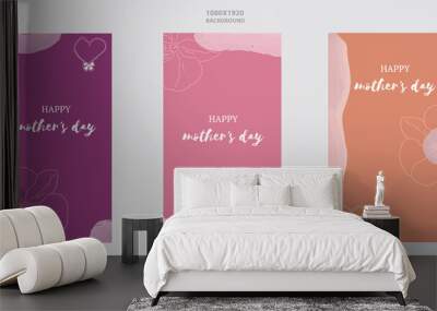 Vertical background collection in pink and beige tones with paintings and line drawing of flower and heart. Illustration for happy mother's day or women's events. Wall mural