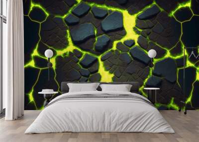 Cracked alien ground with hot glowing uranium veins illustration perfect for video game design. Cracked uranium ground texture. Game asset. Generative AI Wall mural