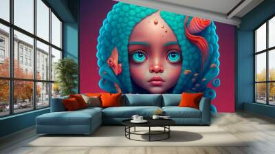 Illustration of a beautiful mixed mermaid girl portrait with blue hair and beautiful big eyes. Corals and seaweeds in the background. Generative AI illustration of a fictional woman Wall mural