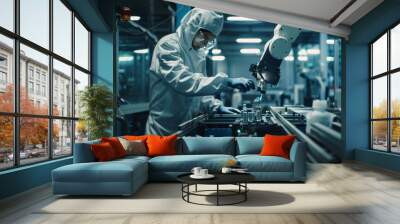 A man in a white lab coat is working on a robot in a factory Wall mural