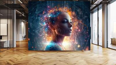 Artificial intelligence face , technology and digital concept, Women AI face Wall mural