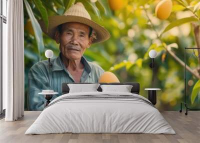 Asian farmer holding a mango at farm Wall mural