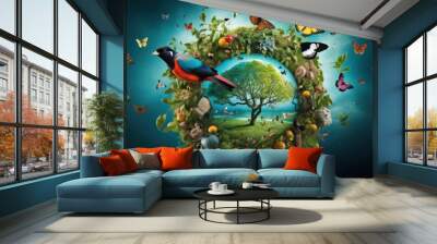 biodiversity in nature, bird, emphasizing the importance of preserving ecosystems and protecting endangered species to maintain a balanced and healthy planet Wall mural