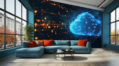 Blue digital cloud computing logo with particle ring circle , futuristic abstract background, illustration Wall mural