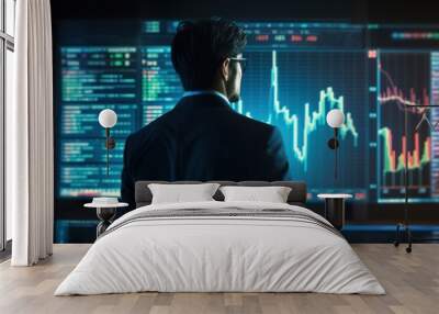 Businessman and Screen holographic interface graph stock market data, Analyzing Market, Trader and investment Wall mural