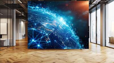 Digital data network conveying global abstract illustration of a scientific technology data network surrounding planet earth conveying connectivity Wall mural