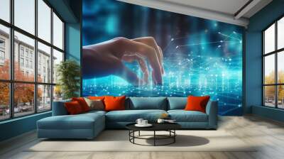 Digital transformation conceptual for next generation technology era, AI, Machine learning. Hands touching the big data structure, Digital data network connections, Data transformation Wall mural