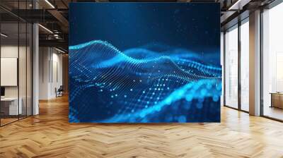 Network security, Wave of dots and weave lines. Abstract Blue Background for design on the topic of cyberspace, big data, metaverse, , data transfer on dark Blue abstract cyberspace background Wall mural