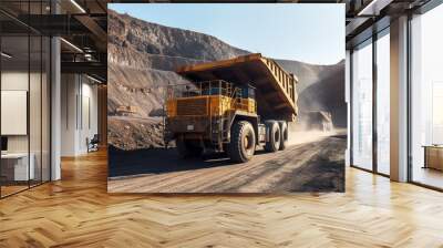 Open pit mine industry, big yellow mining truck for coal quarry Wall mural