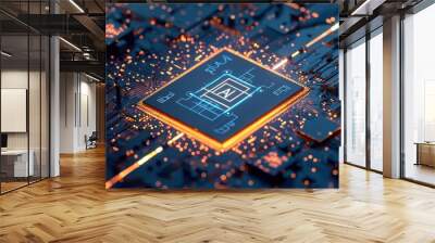 Top view Artificial intelligence microchip with text (AI) on chip Wall mural