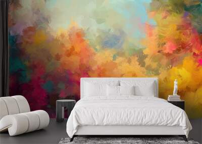 A colorful and vibrant background with expressive brushstrokes evokes a dreamy and peaceful atmosphere. Cool and warm tones blend together in a soft, impressionistic style Wall mural