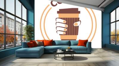 Coffee to go, logotype example. Flat icon of coffee cup in the hand. Vector illustration with text isolated on the white background. Coffee shop with take away. Business theme. Wall mural