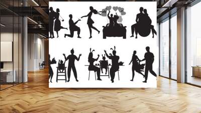 A set of silhouettes of scenes about the lives of two people in love. Black and white vector illustration from dating to childbirth. Wall mural