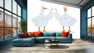 Two ducks show a sign of love by joining their wings. Pair of ducks on a white background. Flat vector illustration. Eps10 Wall mural