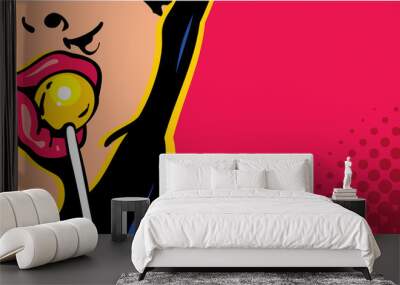 woman licking lollipop pop art style banner, red lips with lollipop Wall mural