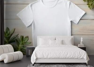 A white t - shirt with a white t - shirt hanging on a wooden wall. Wall mural