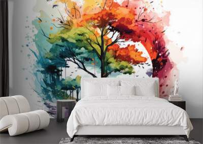 Watercolor colorful tree  Wall mural