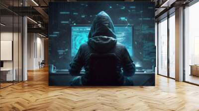 A hooded hacker sits at his computer, rear view. Generative AI. Wall mural