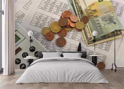 accounting, business calculations, calculator, counting of funds. Dollars, euros and cents. Wall mural