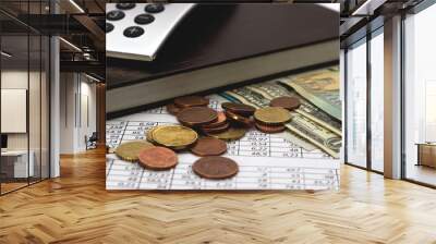 accounting, business calculations, calculator, counting of funds. Dollars, euros and cents. Wall mural