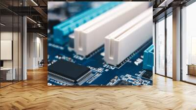 Electronic chip. Close up photo of blue PC circuit board. Wall mural