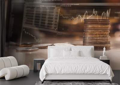 Finance,business and banking concept.Double exposure of money,graph, stock chart. money and stock charts. Wall mural