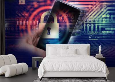 Protecting information in mobile devices. Hacking mobile devices by hackers. Data protection in the cloud. Wall mural