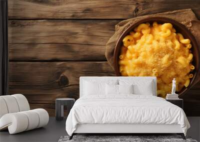 a bowl of macaroni and cheese on a wooden table. Copy space. Generative AI. Copy space. Generative AI Wall mural