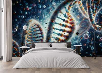 A vivid depiction of the structure and strands of DNA. Medicine and Science. Microworld. Background, banner, poster, articles, advertisement, blog.	

 Wall mural