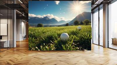 Close-up of a golf ball on a grass course. Golf. Banner, poster, background. With copy space Wall mural