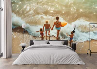 Family enjoying water sports with surfboard on beach. Generative AI Wall mural