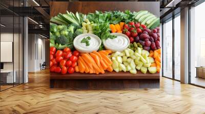 Fresh vegetable platter with various colorful vegetables and dips on a wooden table. World Vegetarian Day Wall mural