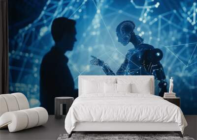 In a dimly lit room, a man engages in conversation with a robot, highlighting the intersection of technology and human interaction. Perfect for illustrating futuristic scenarios. Generative AI. Wall mural