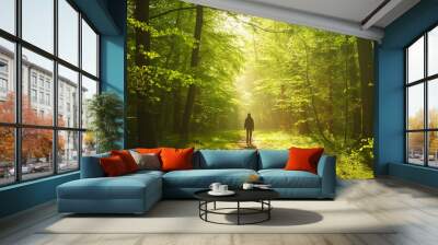 A man walks along a path through a mysterious spring forest, light shining through the young foliage Wall mural