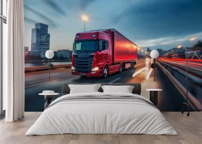 Modern red truck in highway traffic, urban background, speed blurred lights  Wall mural