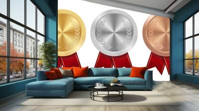 Golden silver and bronze award sport medal with red ribbons Wall mural