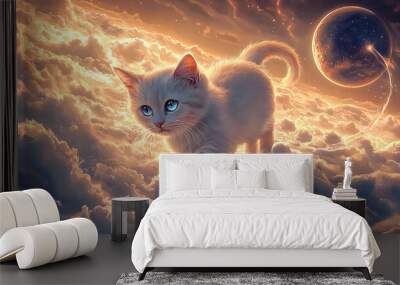 cat, clouds, sky, fluffy, feline, blue, white, dreamy, floating, serene, peaceful, whiskers, paws, tail, soft, gentle, high, above, horizon, sunlight, breeze, calm, tranquil, ethereal, majestic, soari Wall mural