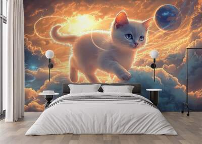 cat, clouds, sky, fluffy, feline, blue, white, dreamy, floating, serene, peaceful, whiskers, paws, tail, soft, gentle, high, above, horizon, sunlight, breeze, calm, tranquil, ethereal, majestic, soari Wall mural