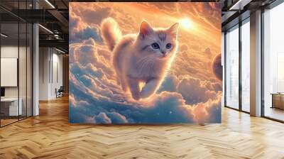 cat, clouds, sky, fluffy, feline, blue, white, dreamy, floating, serene, peaceful, whiskers, paws, tail, soft, gentle, high, above, horizon, sunlight, breeze, calm, tranquil, ethereal, majestic, soari Wall mural