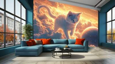 cat, clouds, sky, fluffy, feline, blue, white, dreamy, floating, serene, peaceful, whiskers, paws, tail, soft, gentle, high, above, horizon, sunlight, breeze, calm, tranquil, ethereal, majestic, soari Wall mural