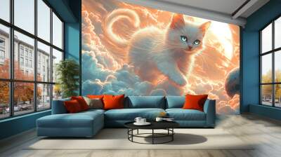 cat, clouds, sky, fluffy, feline, blue, white, dreamy, floating, serene, peaceful, whiskers, paws, tail, soft, gentle, high, above, horizon, sunlight, breeze, calm, tranquil, ethereal, majestic, soari Wall mural