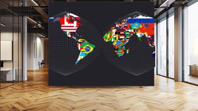 Map with flagsofallcountries of the world. Quartic authalic projection interrupted into two hemispheres. Map of the world with meridians on dark background. Vector illustration. Wall mural