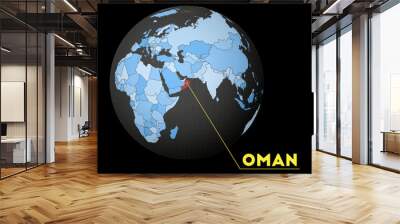 Oman on dark globe with blue world map. Red country highlighted. Satellite world view centered to Oman with country name. Vector Illustration. Wall mural