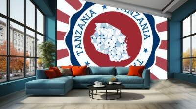 Tanzania Badge. Round logo of country with triangular mesh map and radial rays. EPS10 Vector. Wall mural